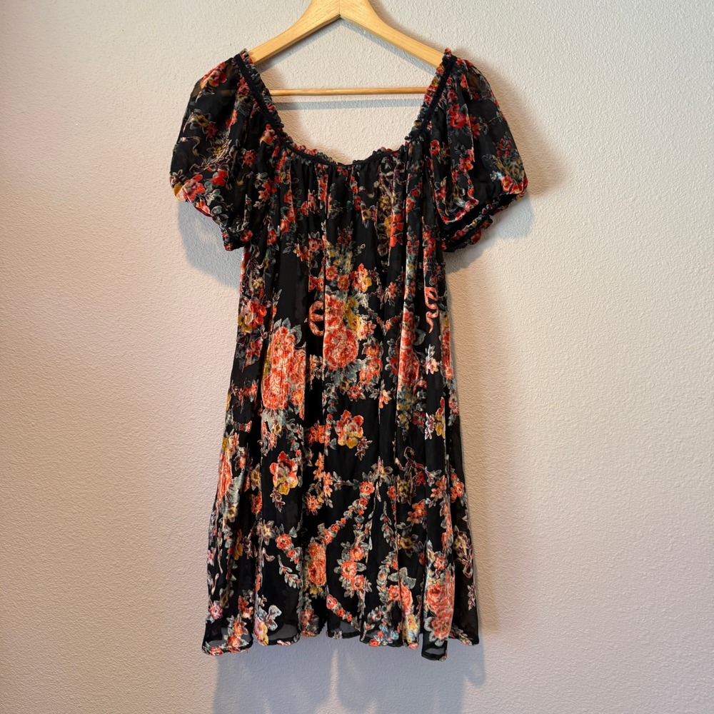 Free People Black Burnout Velvet Floral Puff Sleeve Mini Dress Medium